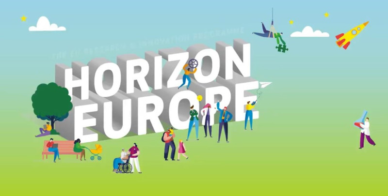 Horizon Europe white logo on green and blue gradient background with cartoon trees and people